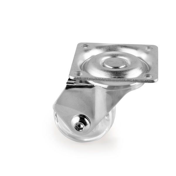 Möbelrolle mit transparenter Kunststoffrolle und Anschraubplatte aus Metall, Lenkrolle für Möbel.