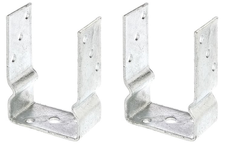 Zwei Pfostenträger aus verzinktem Stahl in U-Form für die Holzpfostenbefestigung.