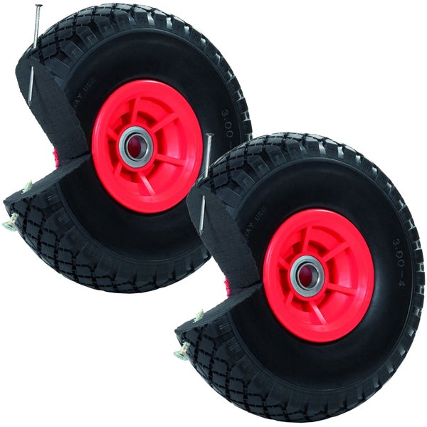 Pannensichere Sackkarrenräder aus Polyurethan mit roter Kunststofffelge und Kugellager, Querschnitt zeigt Füllung mit Nägeln und Schrauben.