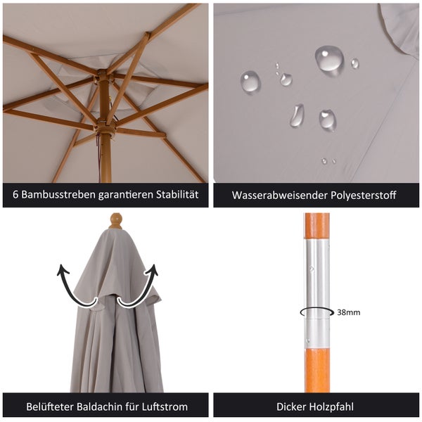 Sonnenschirm mit 6 Bambusstreben, wasserabweisendem Polyesterstoff, belüftetem Baldachin und einem 38 Millimeter dicken Holzpfahl.