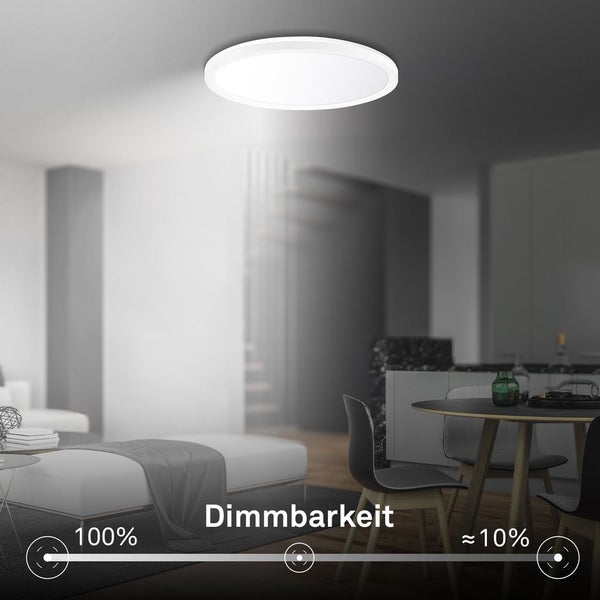 Deckenleuchte im Wohnzimmer, Dimmfunktion dargestellt.
