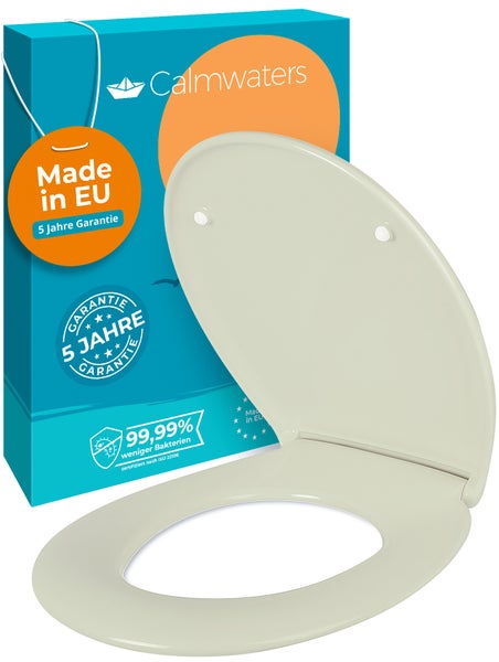 Toilettensitz von Calmwaters mit antibakterieller Oberfläche und fünf Jahren Garantie vor der Produktverpackung.
