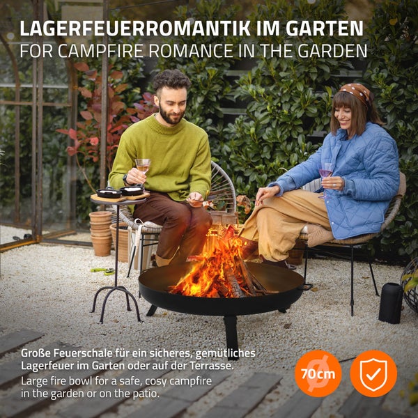 ECD Germany Feuerschale Ø70 x 27 cm mit 3 klappbaren Füßen, Dreibein Feuerstelle für den Garten, Stahl Feuerkorb rund mit 2 Griffen & 2 Entwässerungslöcher, Outdoor Eisenschale Feuertonne BBQ Camping