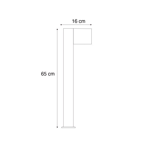 Maßzeichnung einer Pollerleuchte mit einer Höhe von 65 Zentimetern und einer Breite von 16 Zentimetern.