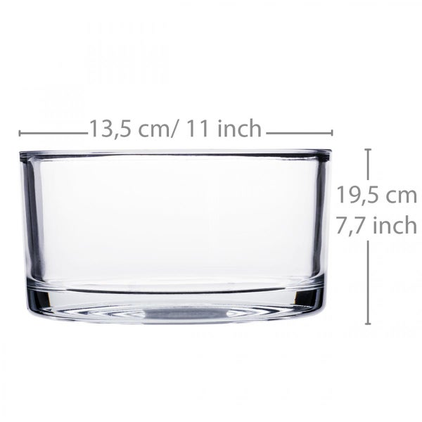 Zylindrische Vase aus klarem Glas mit Maßangaben: Durchmesser 13,5 Zentimeter (11 Zoll) und Höhe 19,5 Zentimeter (7,7 Zoll).