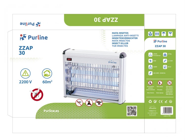 Elektrischer Insektenvernichter Purline ZZAP 30 für bis zu 60 Quadratmeter, 2200 Volt, chemiefrei, ohne Sprays und ohne Geruch.