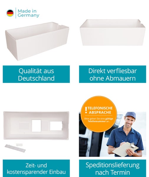 Calmwaters® Wannenträger 170 x 75 cm Modern Square, Passend für Rechteck-Badewanne 170x75 cm, Styroporträger, Schall- und wärmedämmend, Direkt verfliesbar, Badewannenträger in Weiß, 03AX3359