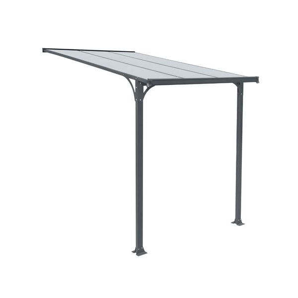 Moderne Terrassenüberdachung mit Aluminiumgestell und Polycarbonat-Dachplatten zur Wandmontage.