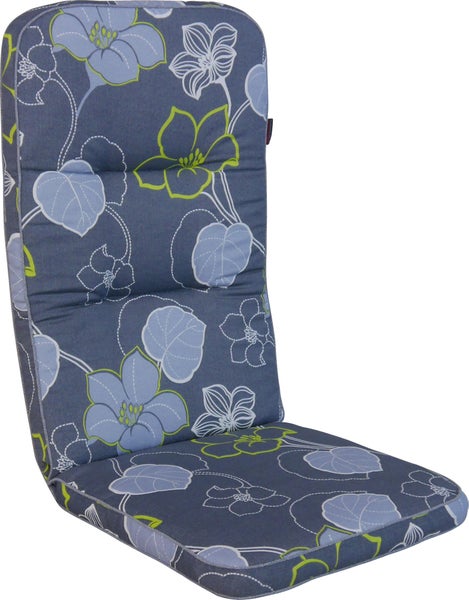 Hochlehner-Auflage mit floralem Muster aus blauen und grünen Blumen und Blättern.