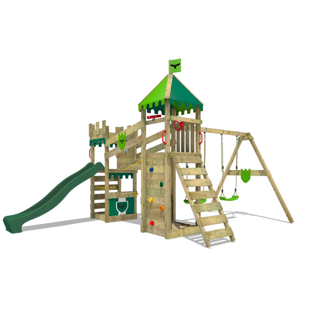 FATMOOSE Spielturm Ritterburg RiverRun mit Schaukel und Rutsche, Spielhaus mit Sandkasten, Leiter und Spiel-Zubehör – grün