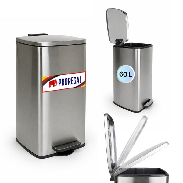 Treteimer aus Edelstahl von Proregal mit 60 Liter Fassungsvermögen und Absenkautomatik.