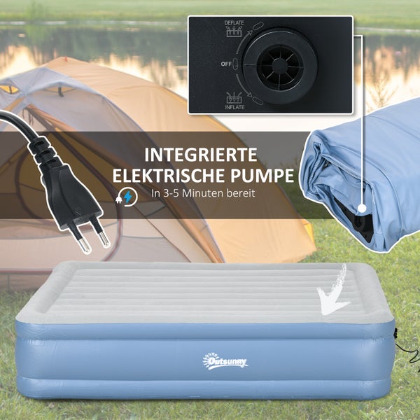 Outsunny Luftmatratze Luftbett für 2 Personen, Campingbett mit integriertem Kopfkissen, eingebauter Elektropumpe, Hellblau, 203 x 152 x 46 cm