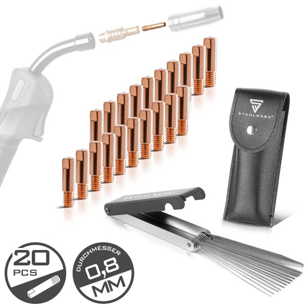 STAHLWERK MIG MAG Schweißdüsen Set 0,8 mm mit Düsenreinigungsnadel, Kontaktdüsen, Düsenstock und Tasche