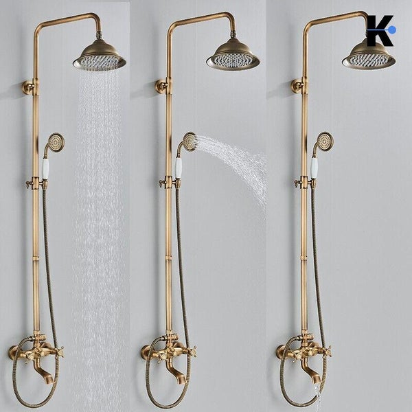 NALA | Vintage Regendusche Set Messing unlackiert Edelstahl | Retro Design Duscharmatur Duschsystem | Mischbatterie Dusche komplett mit Handbrause
