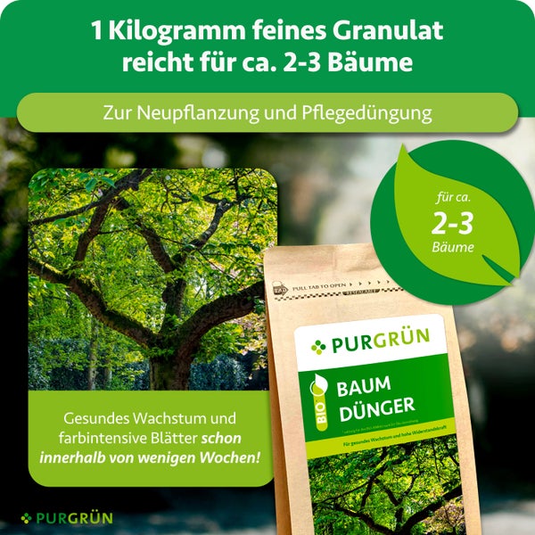 Infografik für Purgrün Baumdünger: 1 Kilogramm feines Granulat reicht für circa 2 bis 3 Bäume. Geeignet zur Neupflanzung und Pflegedüngung.