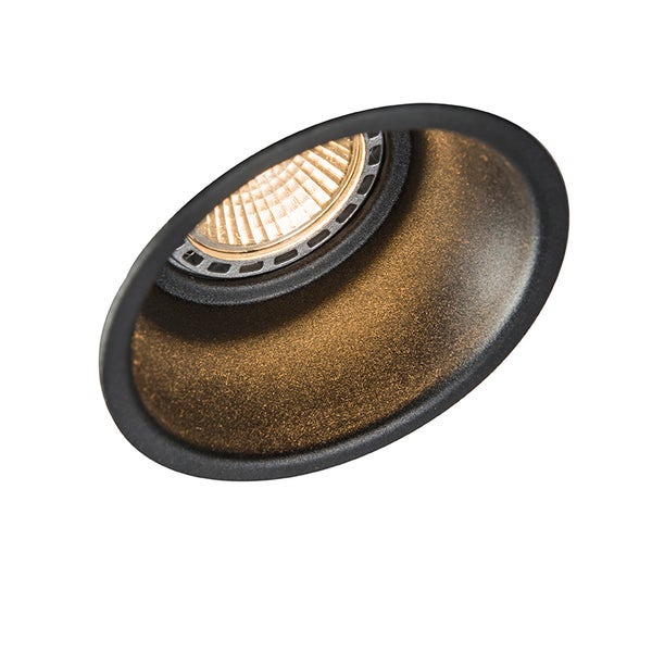 Runder Einbaustrahler mit schwarzem Gehäuse und goldfarbener, strukturierter Innenseite.