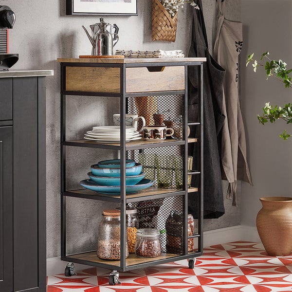 Küchenwagen mit Schublade, Regalböden und Rollen zur Aufbewahrung von Geschirr und Lebensmitteln.