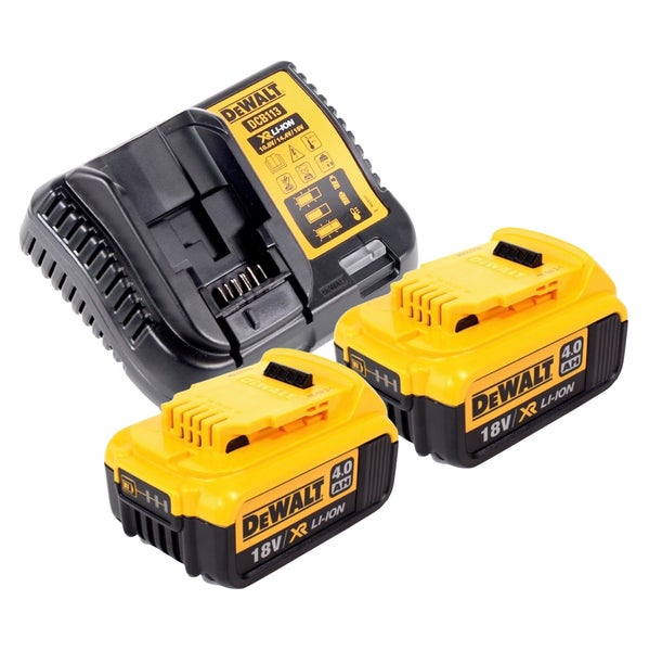DeWalt Akku-Starter-Set mit zwei 18 Volt Lithium-Ionen-Akkus mit 4,0 Amperestunden und einem Ladegerät.