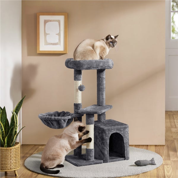 Katzenkratzbaum mit Liegeflächen, Kratzsäulen und Katzenhaus, mit zwei Katzen