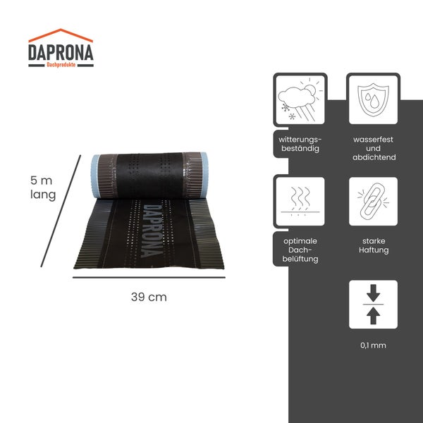 Daprona Firstband, 5 Meter lang, 39 Zentimeter breit, 0,1 Millimeter dick. Witterungsbeständig, wasserfest, belüftend, starke Haftung. Daprona Logo.