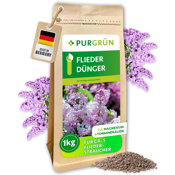 Wiederverschließbarer Purgrün Flieder Dünger, 1 Kilogramm Packung für circa 5 Sträucher, mit Magnesium und Tonmineralien, hergestellt in Deutschland.