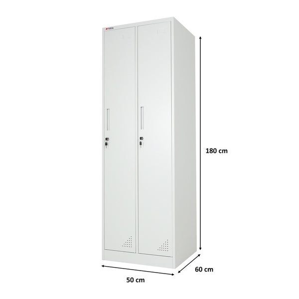 Proregal Metall-Spind mit zwei Türen, abschließbar, Maße 180 mal 50 mal 60 Zentimeter, mit Belüftungsschlitzen.