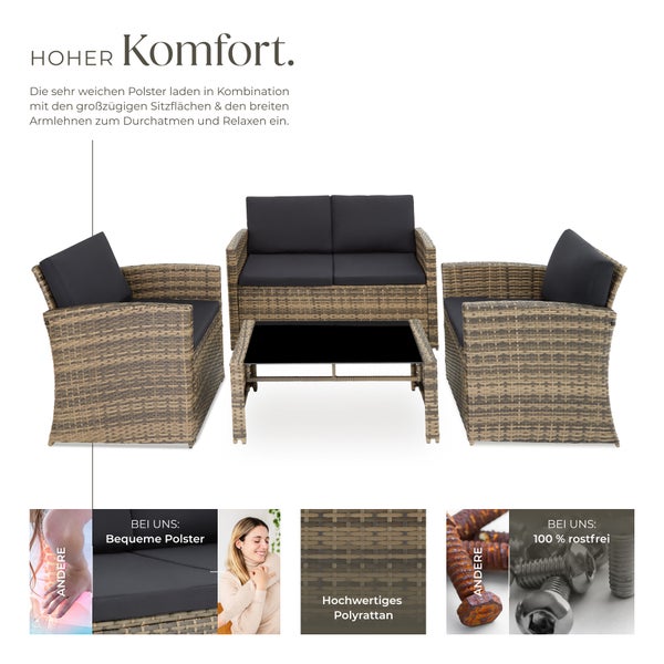 Rattan Lounge tectake Jesolo mit Sicherheitsglasplatte für 4 Personen natur/dunkelgrau