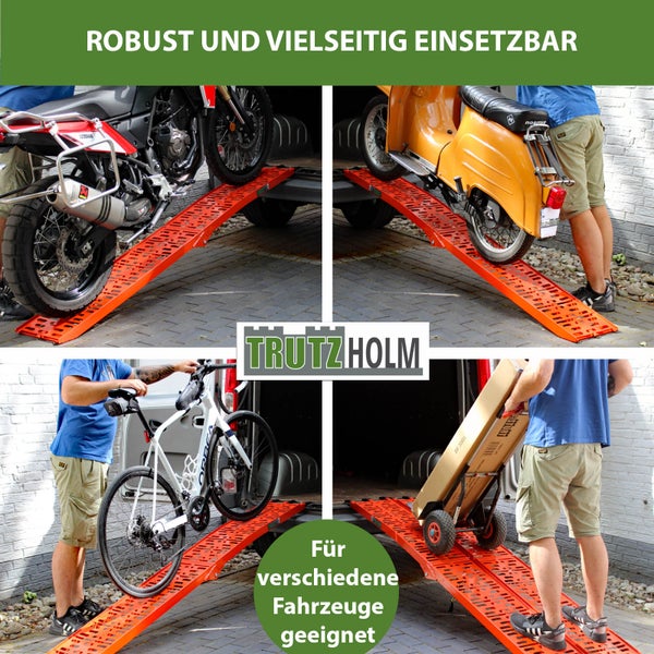 Verladerampe aus Metall beim Verladen von Motorrad, Roller, Fahrrad und Sackkarre in einen Transporter. Trutzholm Logo.