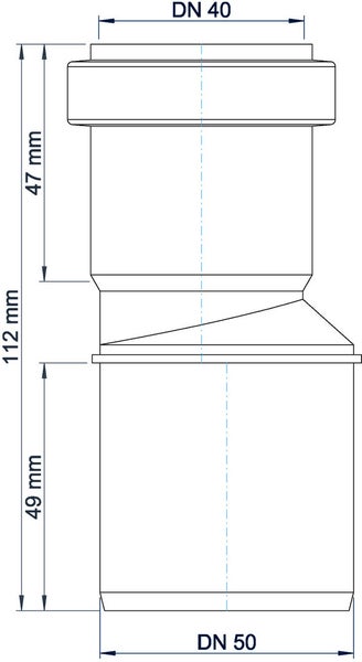 Technische Zeichnung eines Reduzierstücks von Nennweite 40 auf Nennweite 50 mit einer Gesamthöhe von 112 Millimetern.