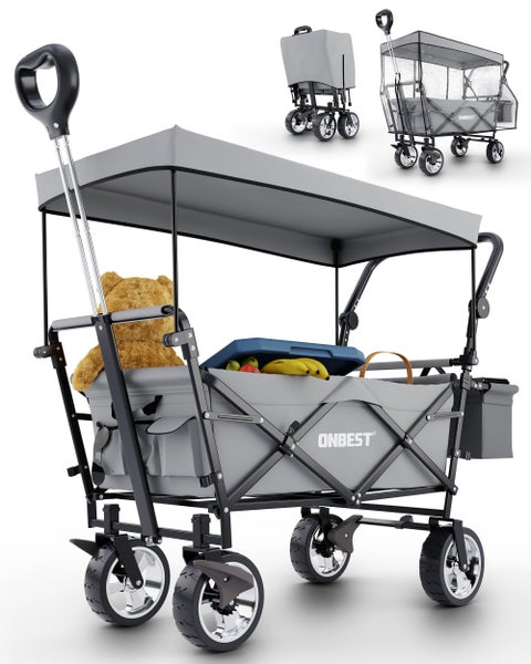 Faltbarer Bollerwagen von ONBEST mit Dach, Teleskopgriff und Seitentasche, beladen mit Teddybär, zeigt zusätzliche Regenhaube und geklappten Zustand.