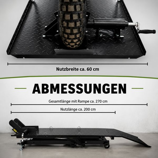 Abmessungen Motorradhebebühne: Nutzbreite circa 60 Zentimeter, Nutzlänge circa 200 Zentimeter, Gesamtlänge inklusive Rampe circa 270 Zentimeter.