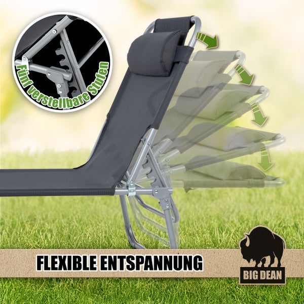 Gartenliege mit fünf verstellbaren Stufen und Kopfkissen