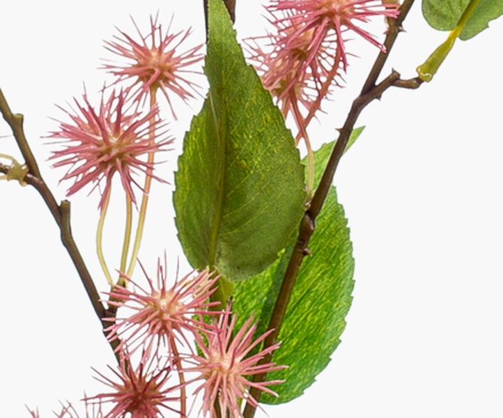 Künstlicher Pflanzenzweig mit rosa, stacheligen Blütenköpfen an braunen Stielen.