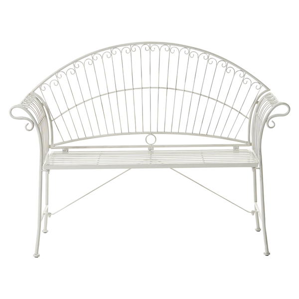 Gartenbank aus Metall in antikem Design mit hoher, bogenförmiger Rückenlehne und verzierten Armlehnen.