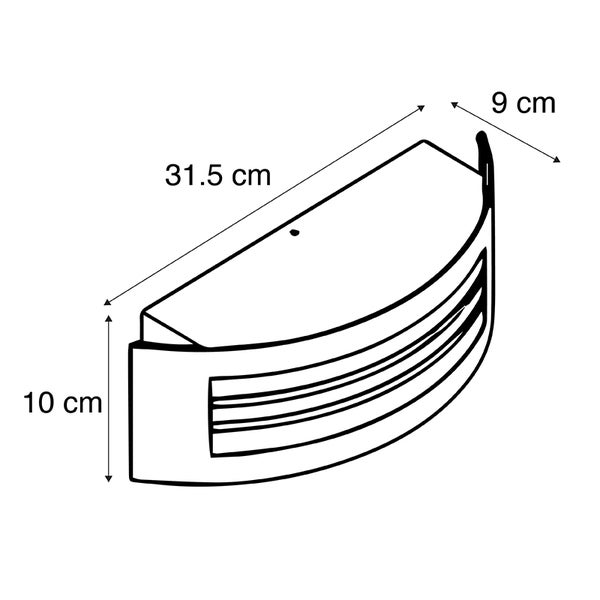 Außenwandleuchte mit Maßen: Breite 31,5 Zentimeter, Tiefe 9 Zentimeter, Höhe 10 Zentimeter. Halbkreisförmiges Design mit Lamellen.