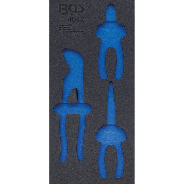 BGS technic Schaumstoffeinlage mit drei blauen Schlauchabklemmzangen.