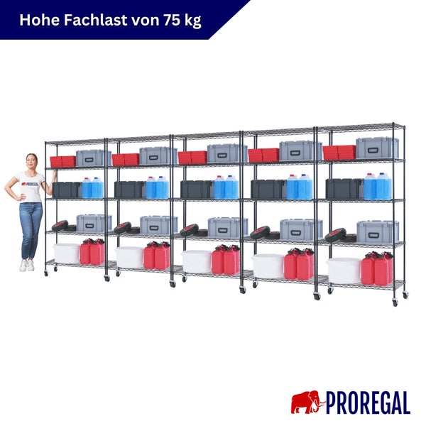 Großes Metallgitterregal auf Rollen von Proregal, beladen mit Boxen und Kanistern. Hohe Fachlast von 75 Kilogramm.