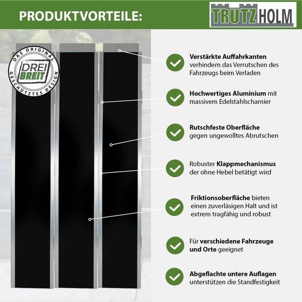 Trutzholm Logo und Infografik zur klappbaren Auffahrrampe aus Aluminium mit rutschfester Oberfläche, Edelstahlscharnieren und verstärkten Kanten.