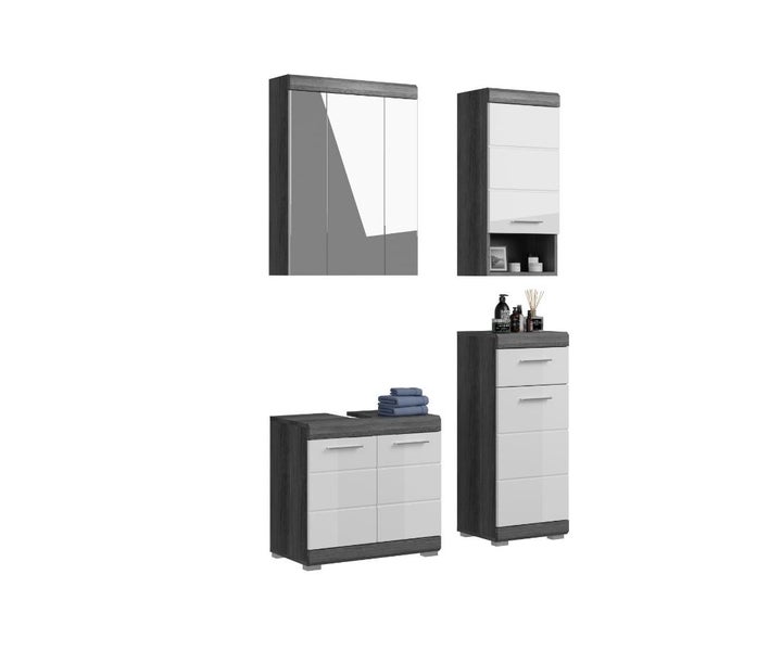 Vierteiliges Badezimmermöbel-Set bestehend aus Spiegelschrank, Hängeschrank, Unterschrank und Highboard in Anthrazit und Weiß.