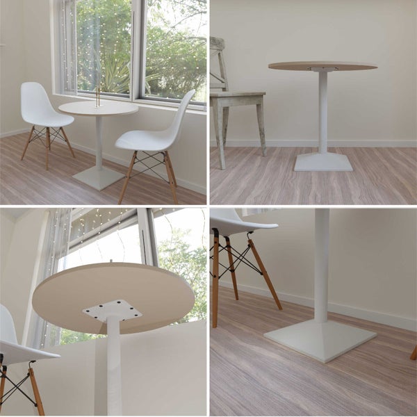 Runder Bistrotisch mit Mittelsäule und quadratischem Fußgestell, Holzoptik Tischplatte, modern für Esszimmer oder Küche.