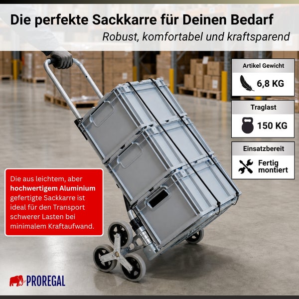 Aluminium Treppensackkarre, 150 Kilogramm Tragkraft, montiert, beladen mit Boxen in einem hellen, organisierten Lager. Proregal Logo.