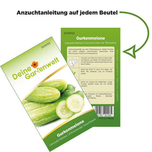 Samentüte für Gurkenmelone Carosello Barese von Deine Gartenwelt mit Anzuchtanleitung auf der Rückseite.