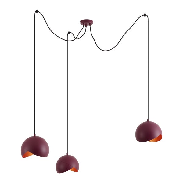 Moderne Pendelleuchte mit drei kuppelförmigen Lampenschirmen an verstellbaren Kabeln für eine individuelle Deckenbeleuchtung.