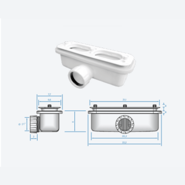 Abbildung einer Bodenablaufgarnitur mit technischen Zeichnungen