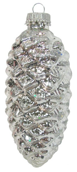 Silber 10cm Tannenzapfen aus Glas, mundgeblasen, handdekoriert (1), 1 Stck., Weihnachtsbaumkugeln, Christbaumschmuck, Weihnachtsbaumanhänger