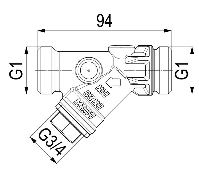 Technische Zeichnung eines Schmutzfängers mit Maßangaben: Gesamtlänge 94 Millimeter, Anschlüsse G 1 Zoll und G 3/4 Zoll, Nennweite DN 20.