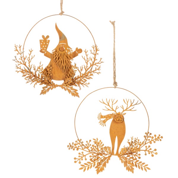 Weihnachtsanhänger aus Metall, Set mit Wichtel- und Rentiermotiv in runden Blattkränzen.
