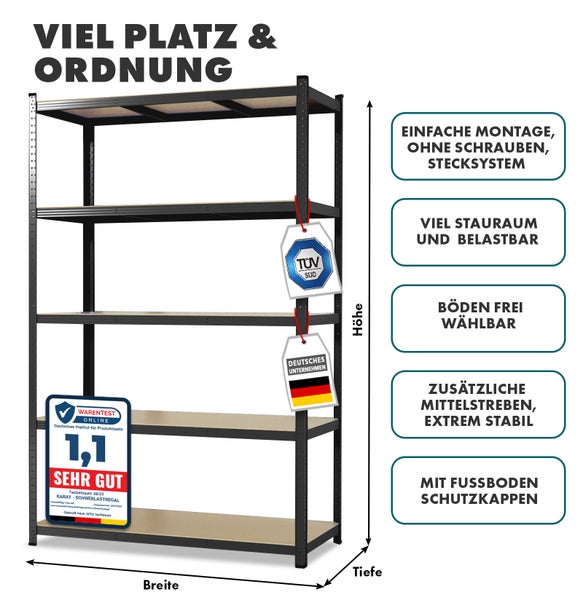FLOORDIREKT Schwerlastregal Lakota - 2er Set - Universal einsetzbar -  Schwarz - 200 x 100 x 50 cm - Traglast bis 875 kg