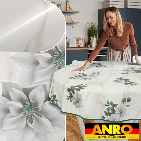 Runde Wachstuchtischdecke mit Blumenmuster und Marmoreffekt auf einem Tisch, Frau im Hintergrund, ANRO Logo