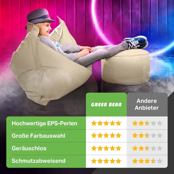 Szene im Garten mit Mann, der eine Weinflasche öffnet, und Frau am Holztisch mit Stühlen und rotem Kissen unter einem Sonnenschirm